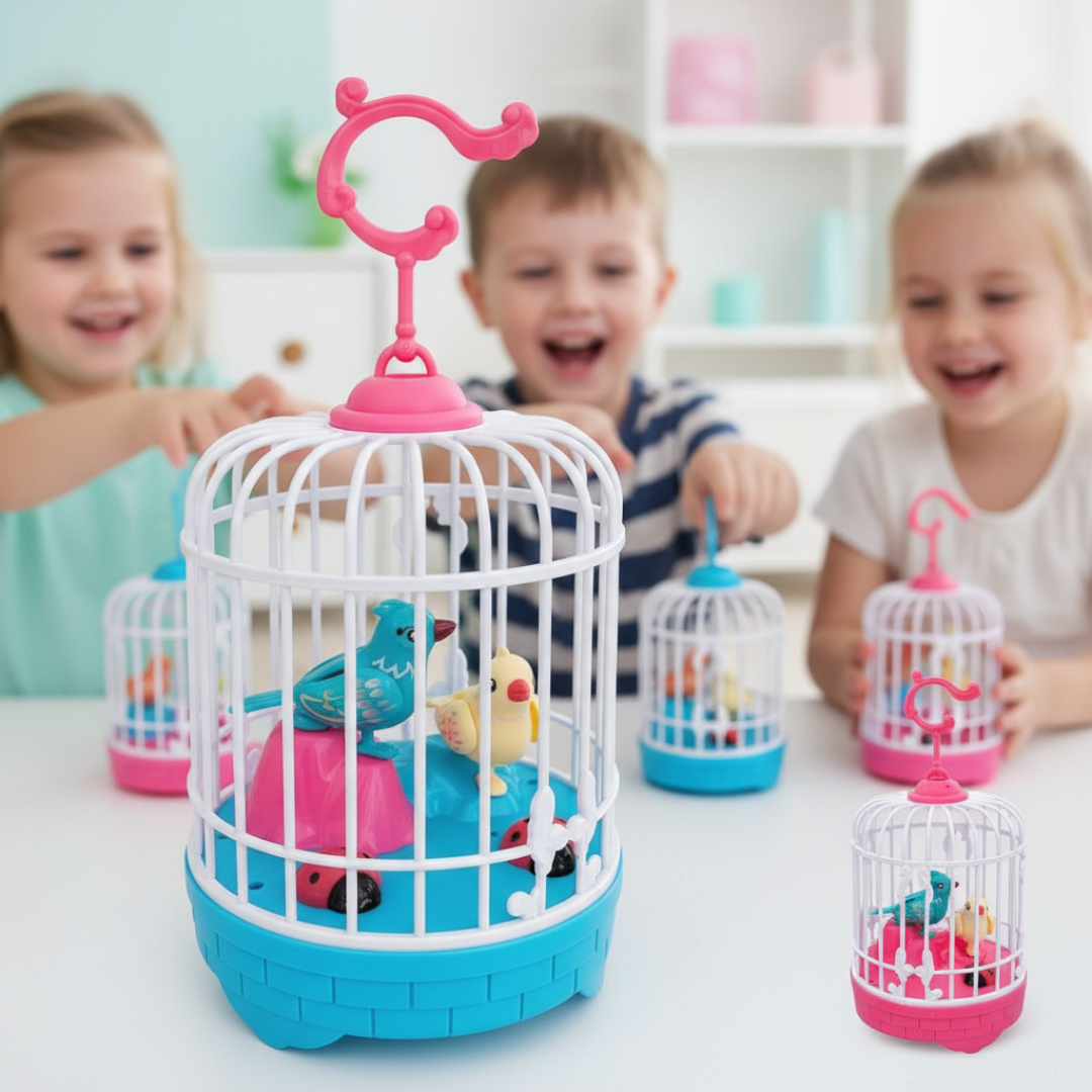 Children playing with toy birdcages and birds on a table