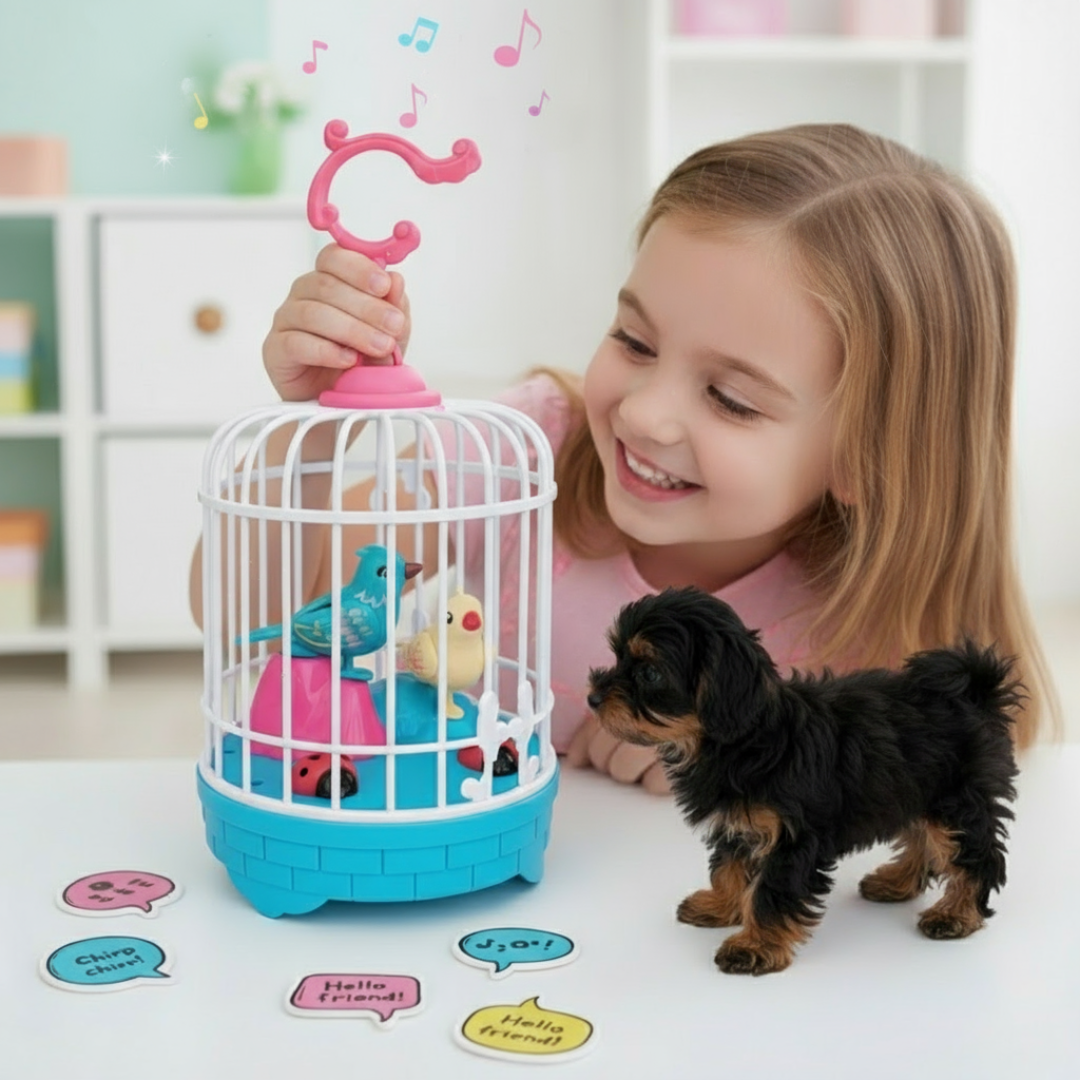 Child playing with a toy birdcage and birds, with a small dog nearby.