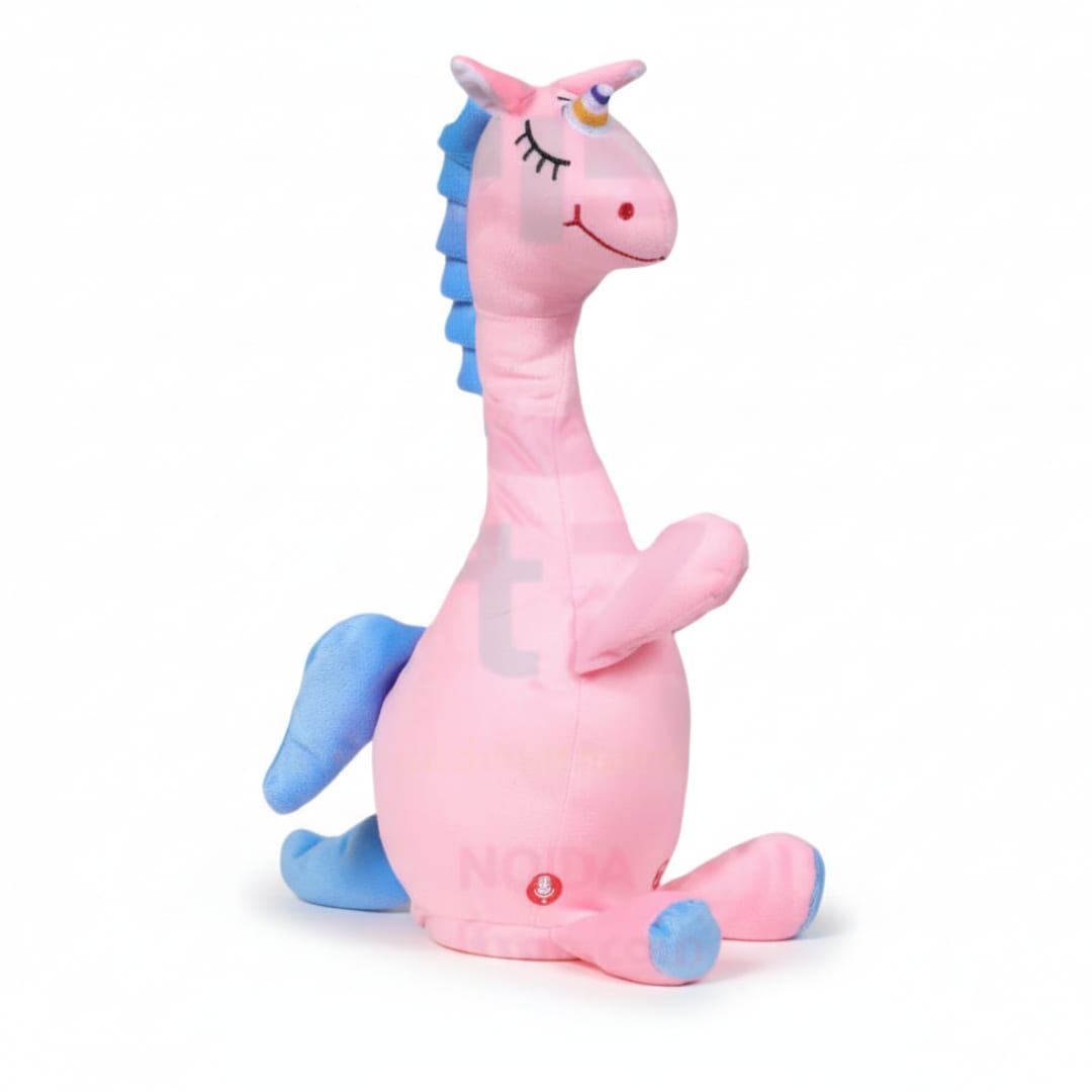 Pink dragon plush toy with blue tail on a white background