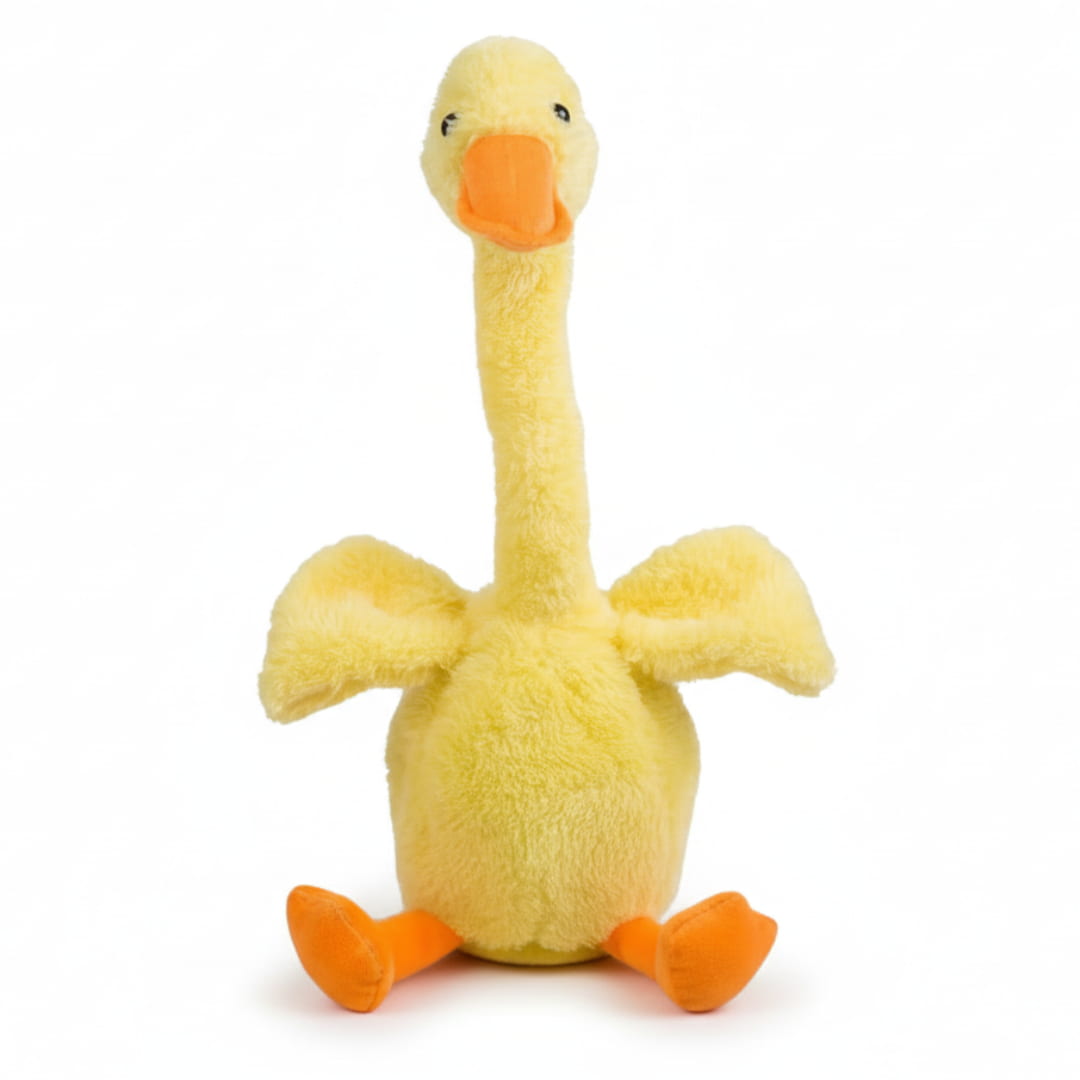 Yellow plush duck toy with orange feet and beak on a white background