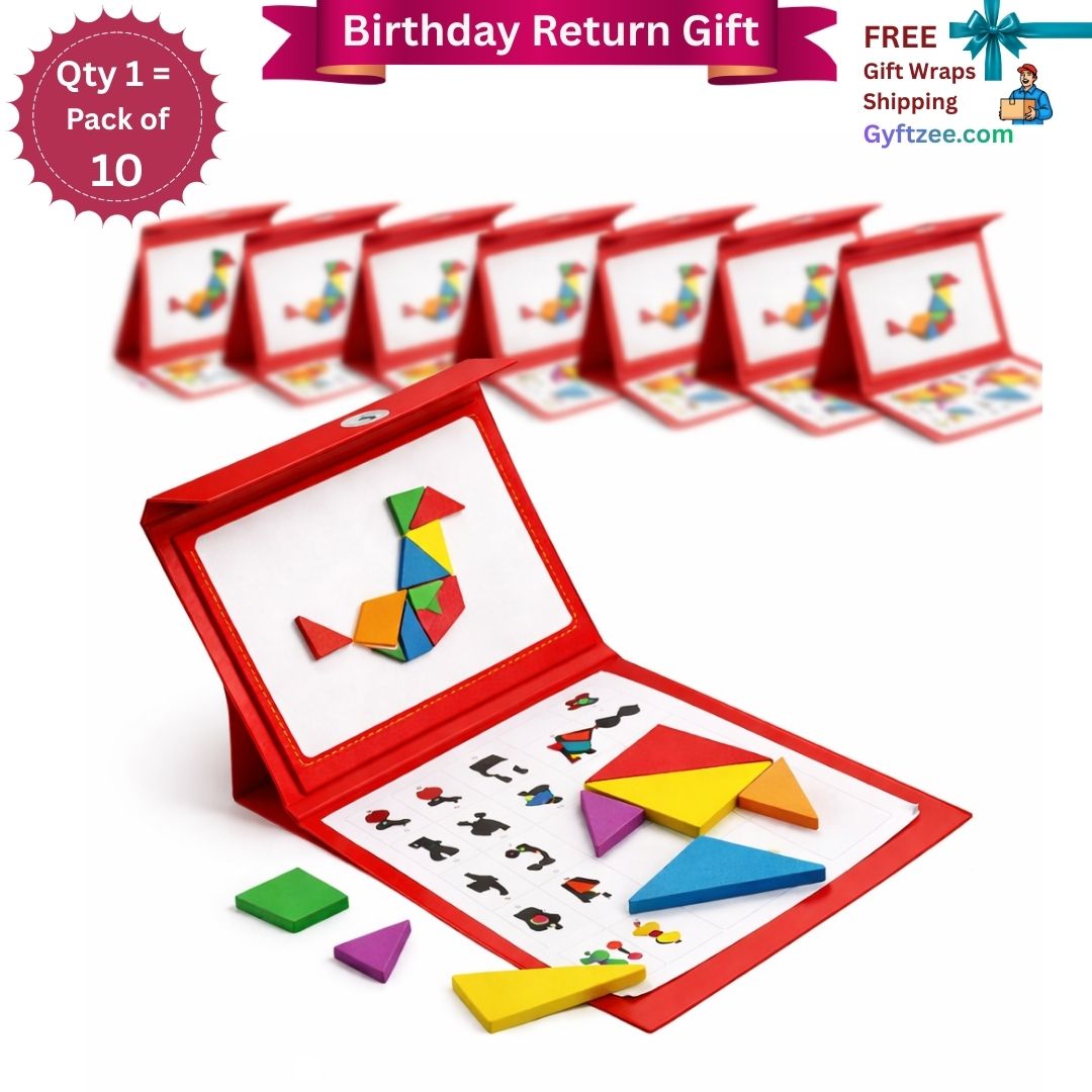 Pack of 10 tangram puzzles in red boxes with promotional text on a white background