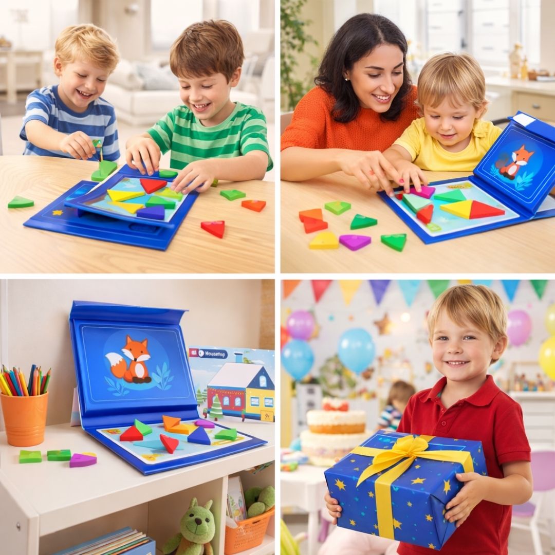 Collage of children playing with educational toys and a child holding a gift box.