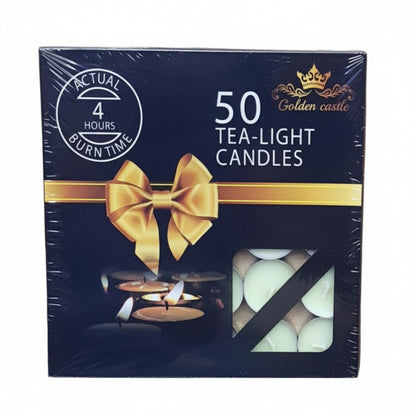 A box of 50 round shaped tea light candles, predominantly black and gold packaging with the words 'Actual 50 Tea Light Candles' displayed.
