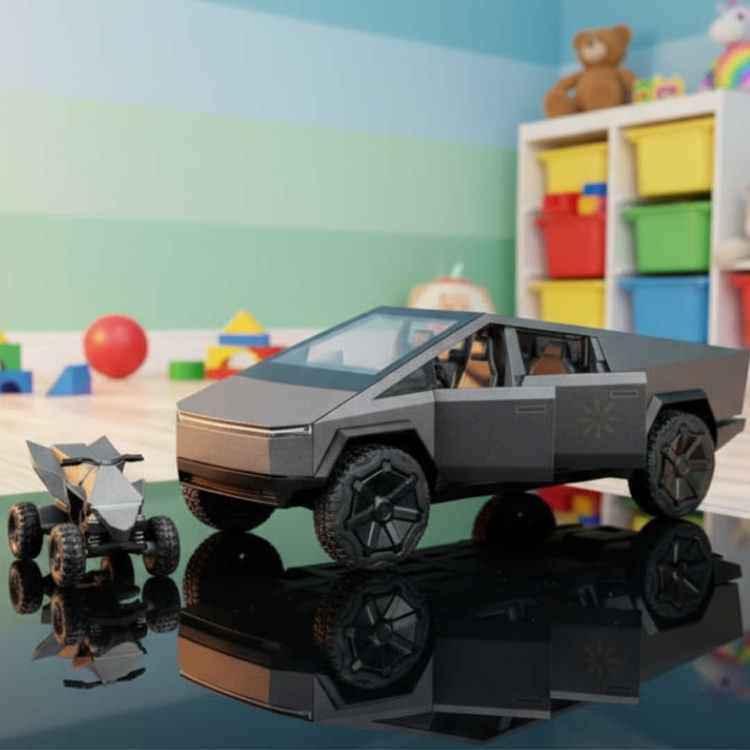 Toy truck and atv on a reflective surface with colorful toys in the background