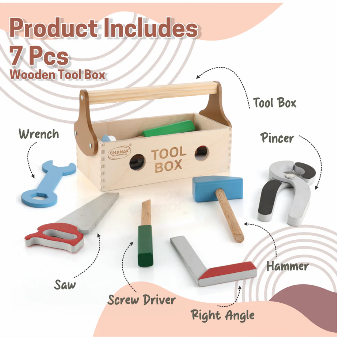 Wooden Tool Box Set for Kids | 7-Piece Pretend Play Construction Kit | Safe, Educational Toy for Ages 3+