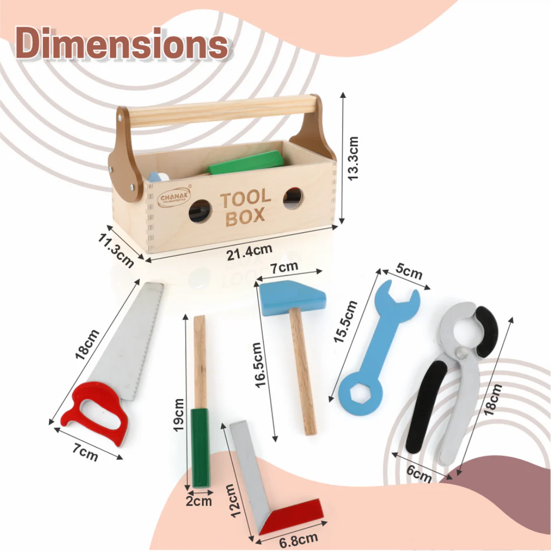 Wooden Tool Box Set for Kids | 7-Piece Pretend Play Construction Kit | Safe, Educational Toy for Ages 3+