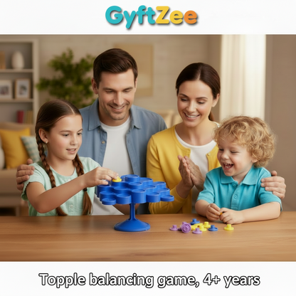 Family playing with a blue educational toy at a table