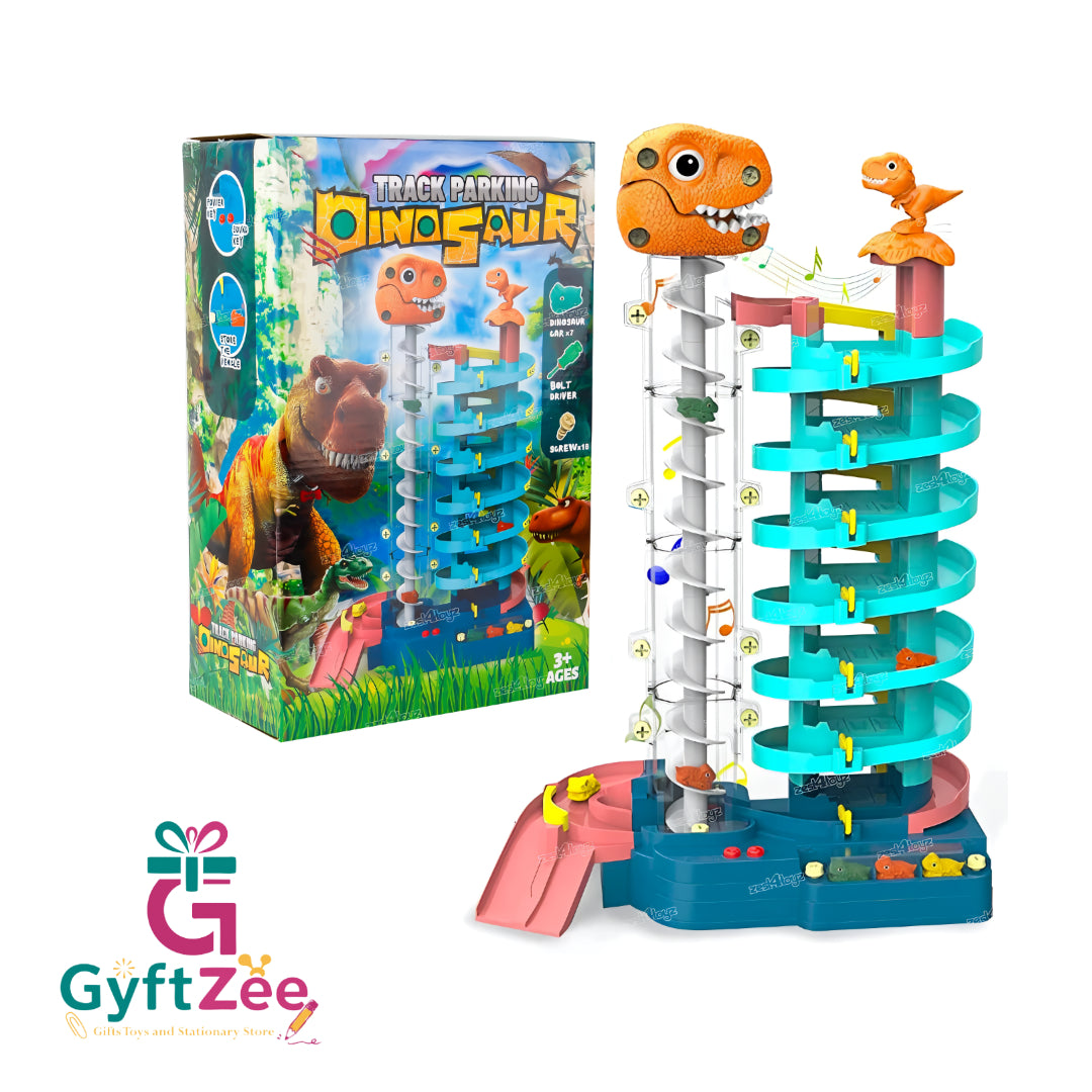 Dino-Themed Track Parking Tower Playset with Moving T-Rex and 7 Dinosaur Cars – Perfect for Kids Ages 3+