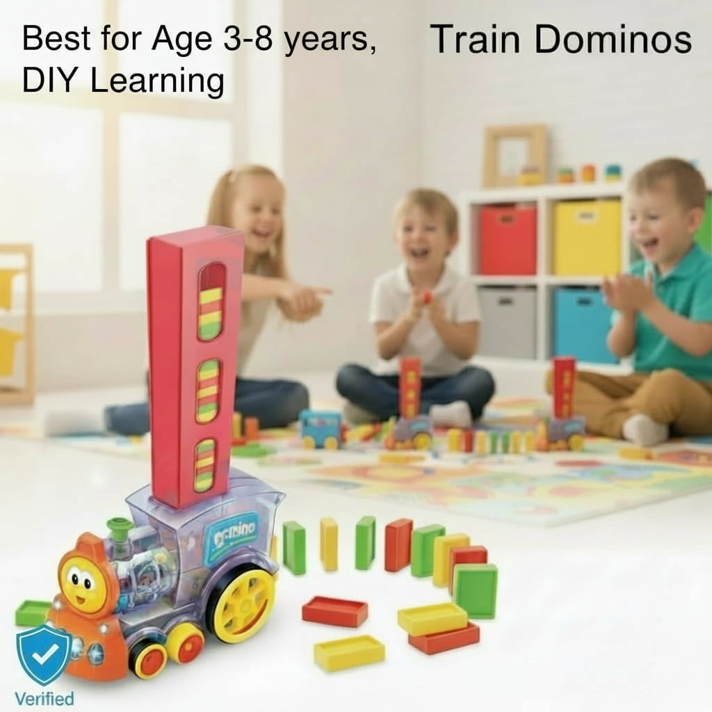 Colorful train dominoes toy with children playing in the background