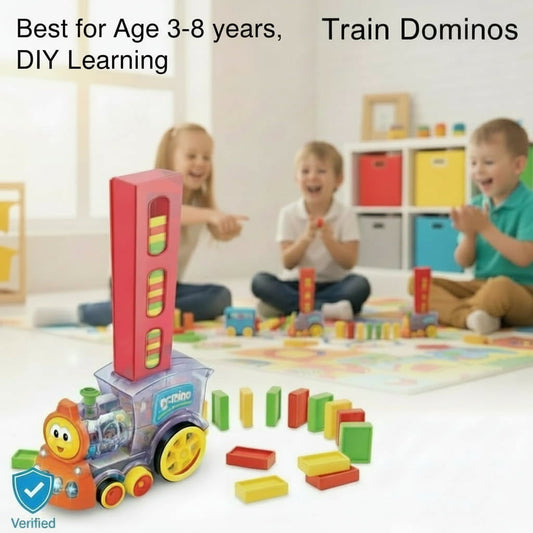 Colorful train dominoes toy with children playing in the background