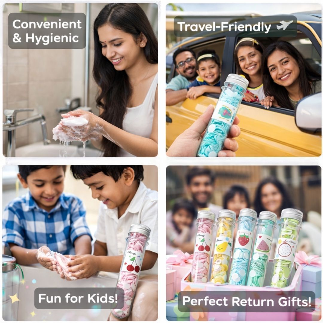 Collage of images showing a product being used for cleaning, travel, with children, and as a gift.
