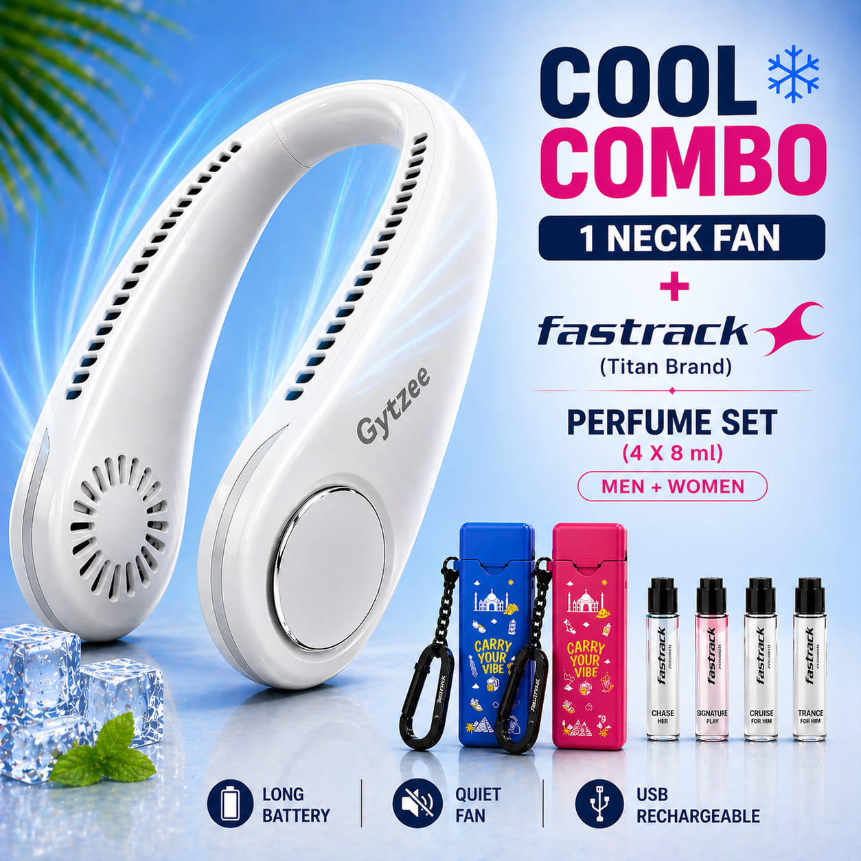 GYZEE neck fan with Fastrack perfume set on a blue background