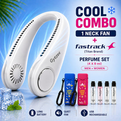 GYZEE neck fan with Fastrack perfume set on a blue background