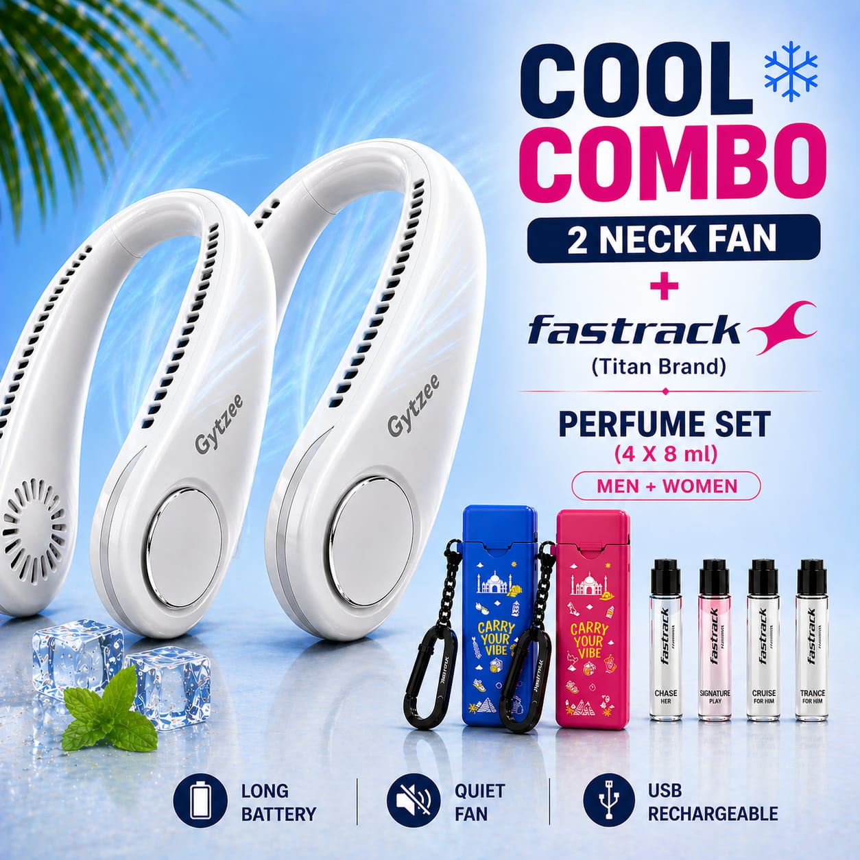 Two neck fans and a Fastrack perfume set on a blue background with product features listed.