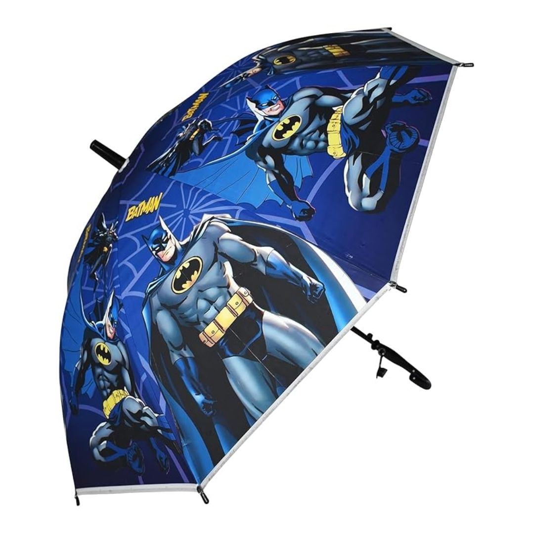 Batman-themed umbrella with character illustrations on a blue background