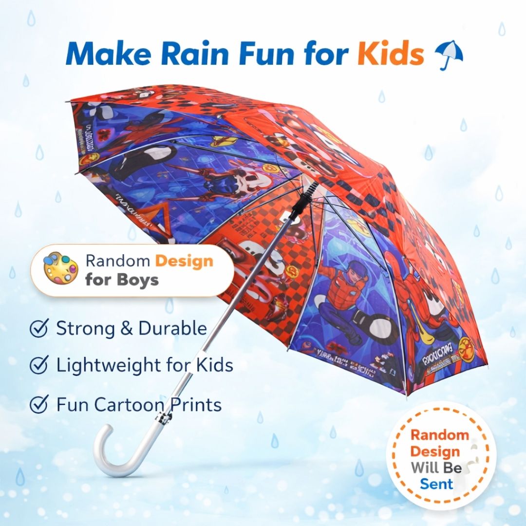 Children's umbrella with superhero design on a blue background with raindrops.