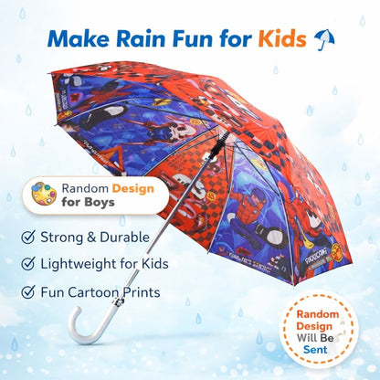 Children's umbrella with superhero design on a blue background with raindrops.