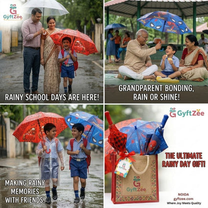 Collage of images showing people with umbrellas, emphasizing rainy school days and bonding moments.