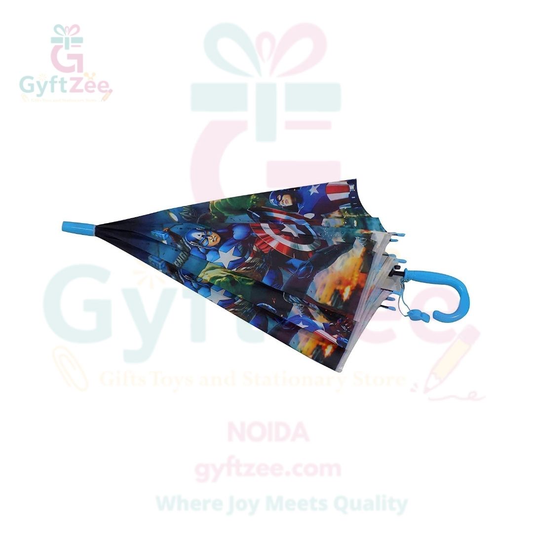 Colorful umbrella with superhero design on a white background, branded with Gyftzee.