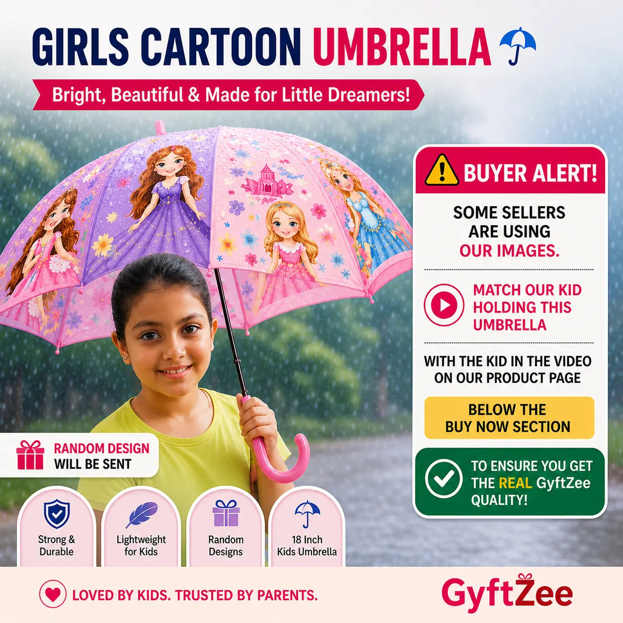 Cartoon-themed umbrella for girls with a child holding it, featuring a castle and princess design. Advertised by GyftZee with a 'Buyer Alert' message.