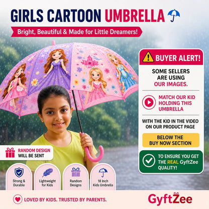 Cartoon-themed umbrella for girls with a child holding it, featuring a castle and princess design. Advertised by GyftZee with a 'Buyer Alert' message.