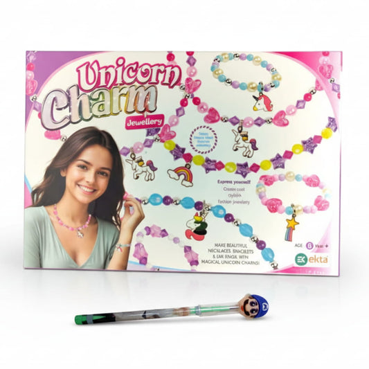 Unicorn Charm jewellery kit packaging with a woman wearing a necklace and a pen on a white background