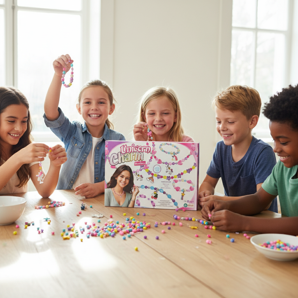 Children playing with a unicorn charm craft kit at a table.