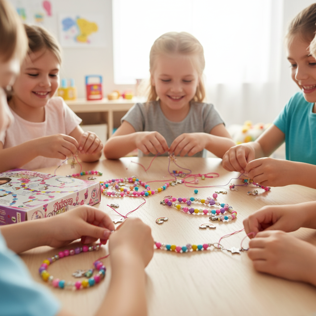 Children making beaded necklaces at a table in a classroom setting.