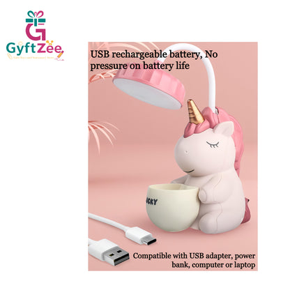Kids Unicorn Desk Lamp with Pencil Holder | Rechargeable LED Light for Study & Decor