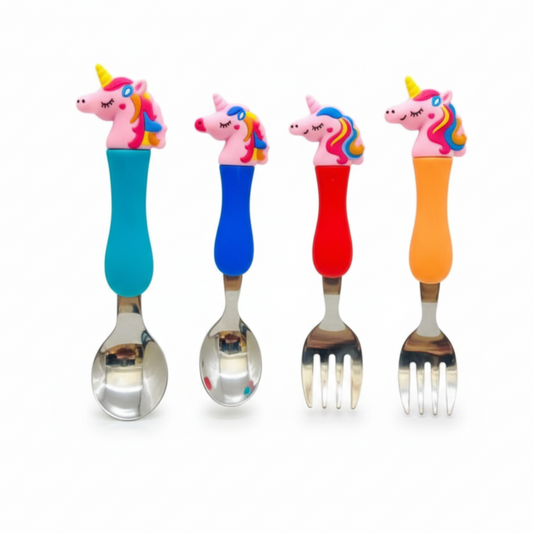 Set of four colorful unicorn-themed spoons and forks on a white background