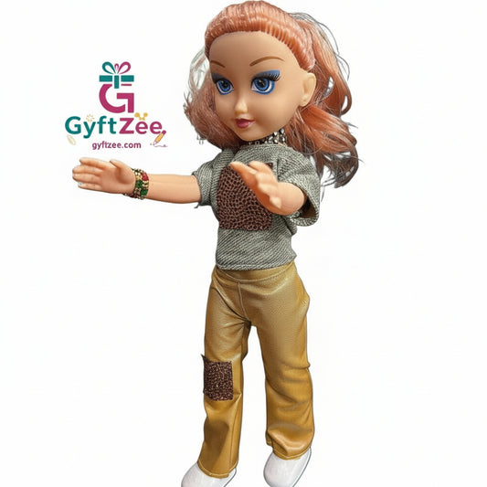 Doll with pink hair and a gray sweater on a white background, featuring the GyftZee brand.