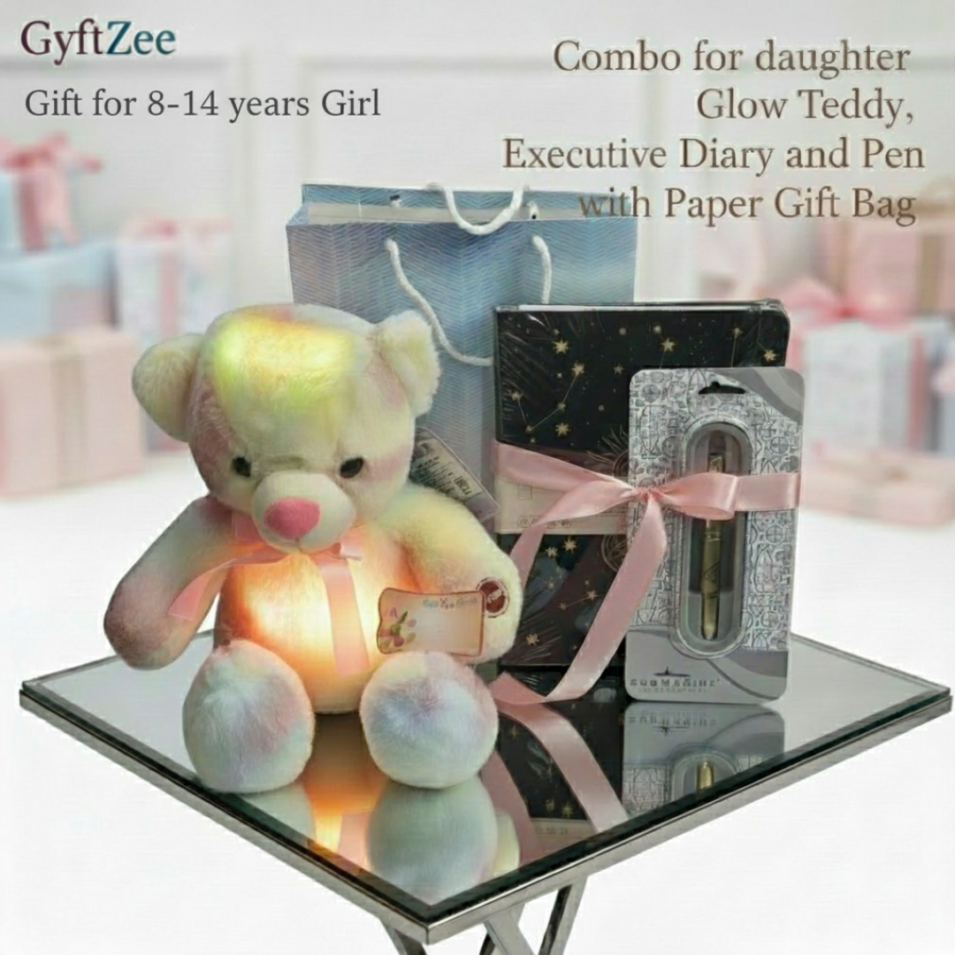Glowing teddy bear with a pen set and gift bag on a reflective surface, with 'GyftZee' branding.