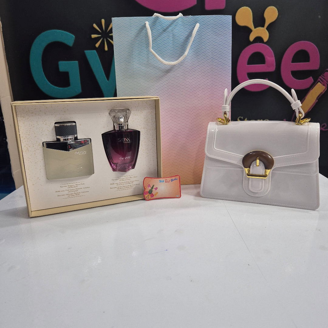 Women's Day Gift Combo – SKINN Raw & Celeste Perfume, Stylish PU Purse & Free Gift