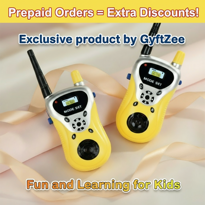 Two yellow walkie-talkies with text about prepaid orders and discounts by GyftZee.