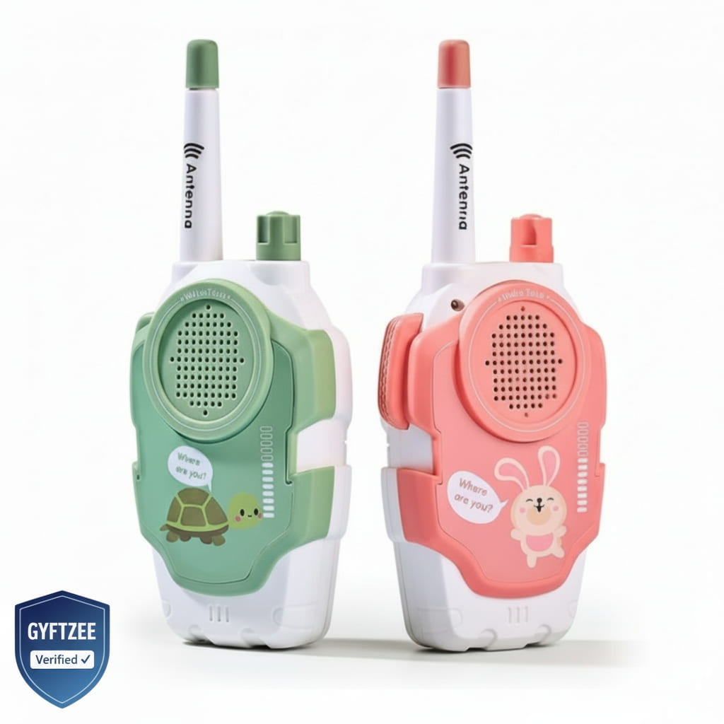 Two colorful walkie-talkies, one green and one pink, with cartoon characters on a white background.