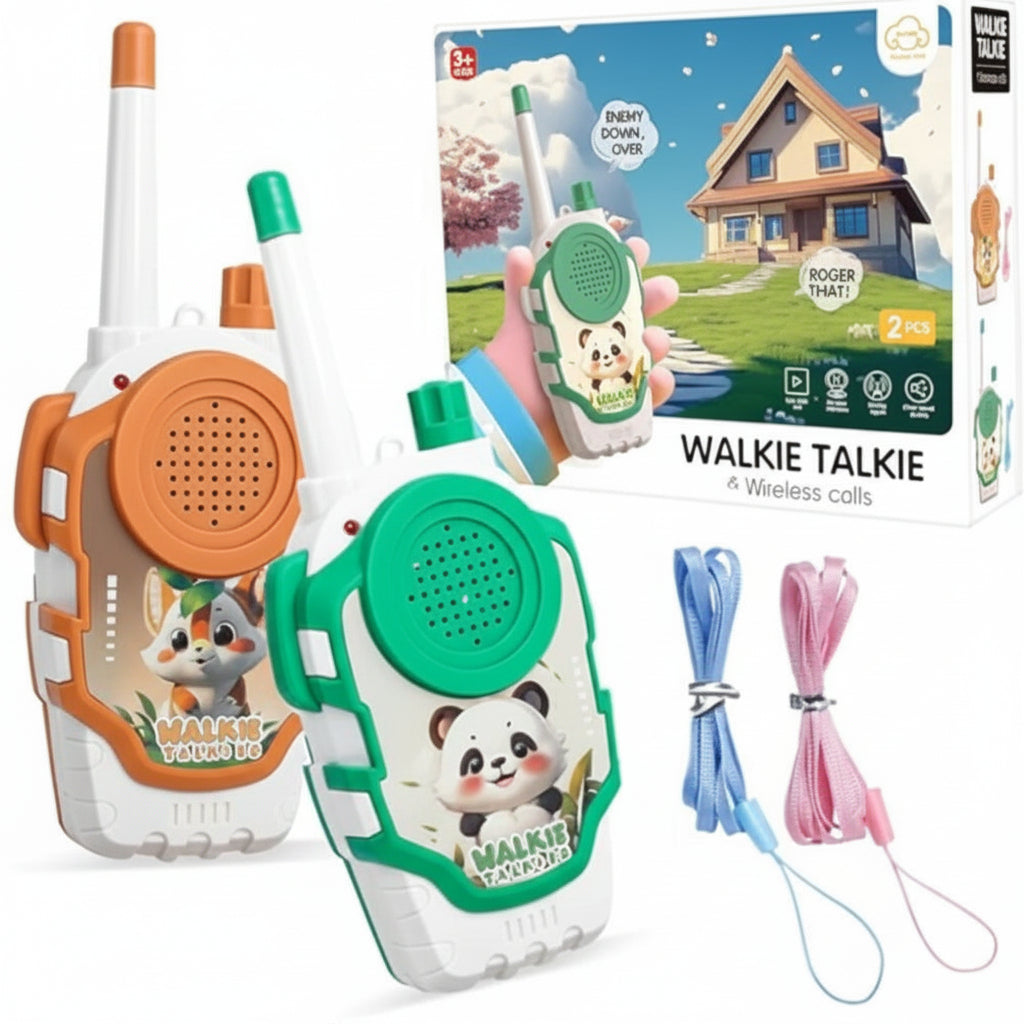 Toy walkie talkies with cartoon characters, packaging, and accessories on a white background