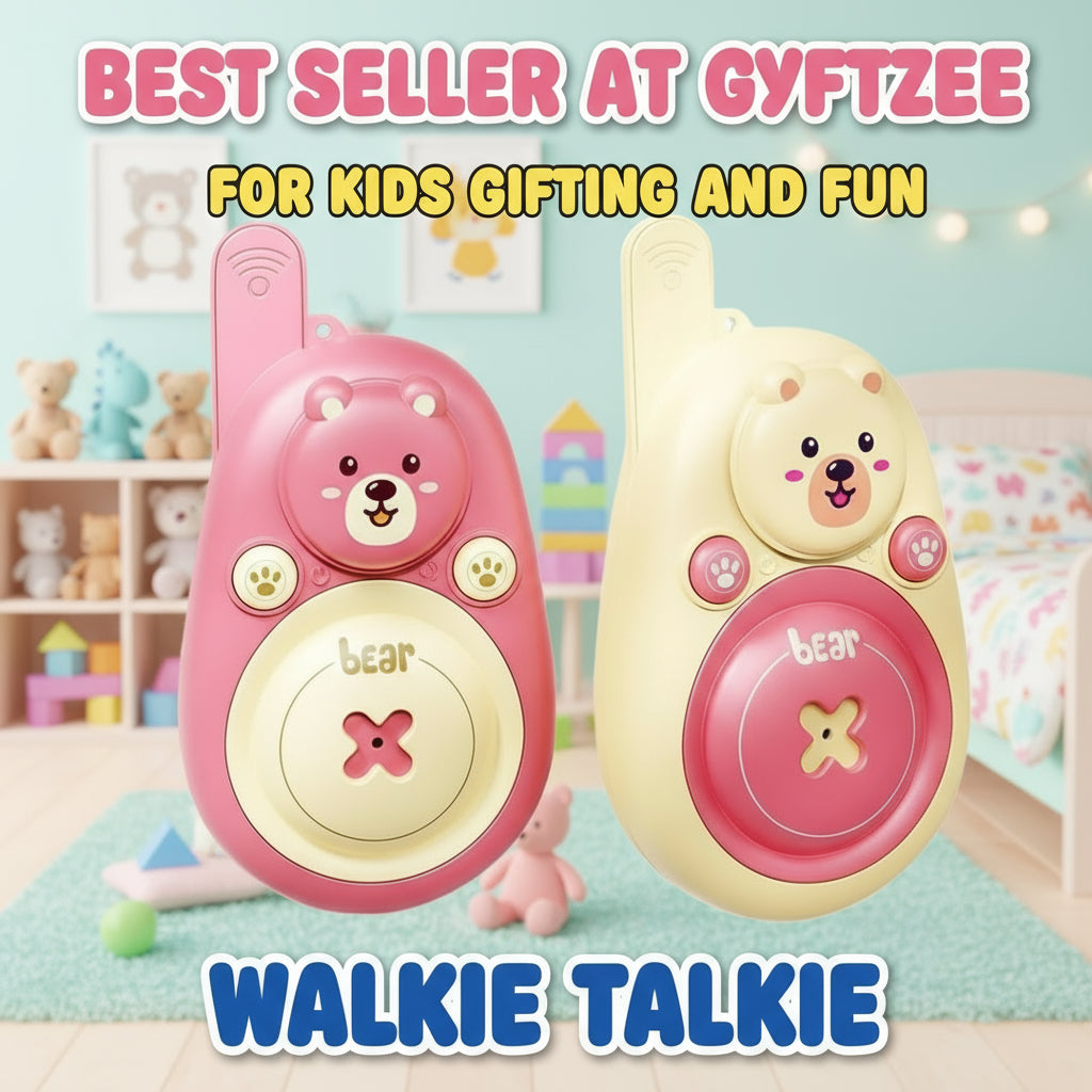 Two toy walkie-talkies with bear designs on kids room background