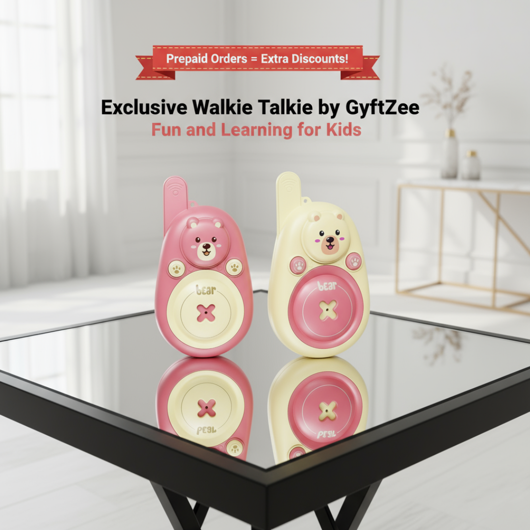 Two pink and beige walkie talkies on a glass table with a blurred indoor background.