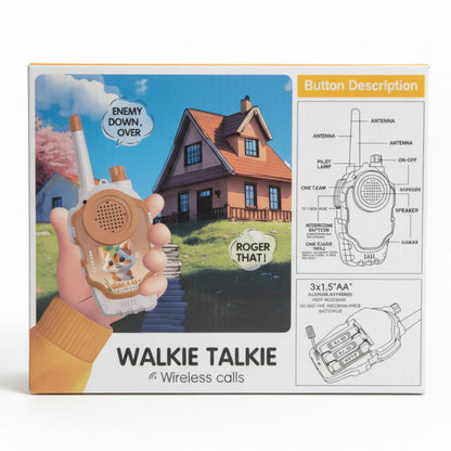Box of a walkie talkie toy with illustrations and text on a shelf.