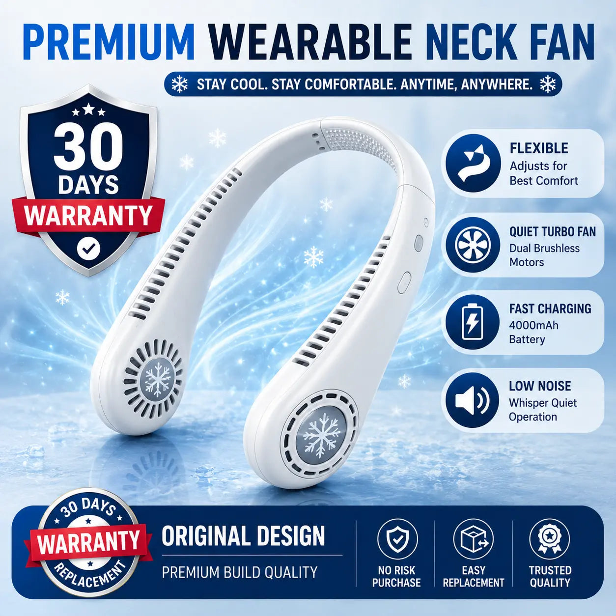 Premium wearable neck fan with features and warranty information on a blue background