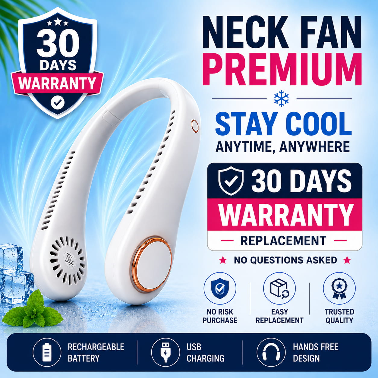 Neck fan with 30-day warranty on a blue background