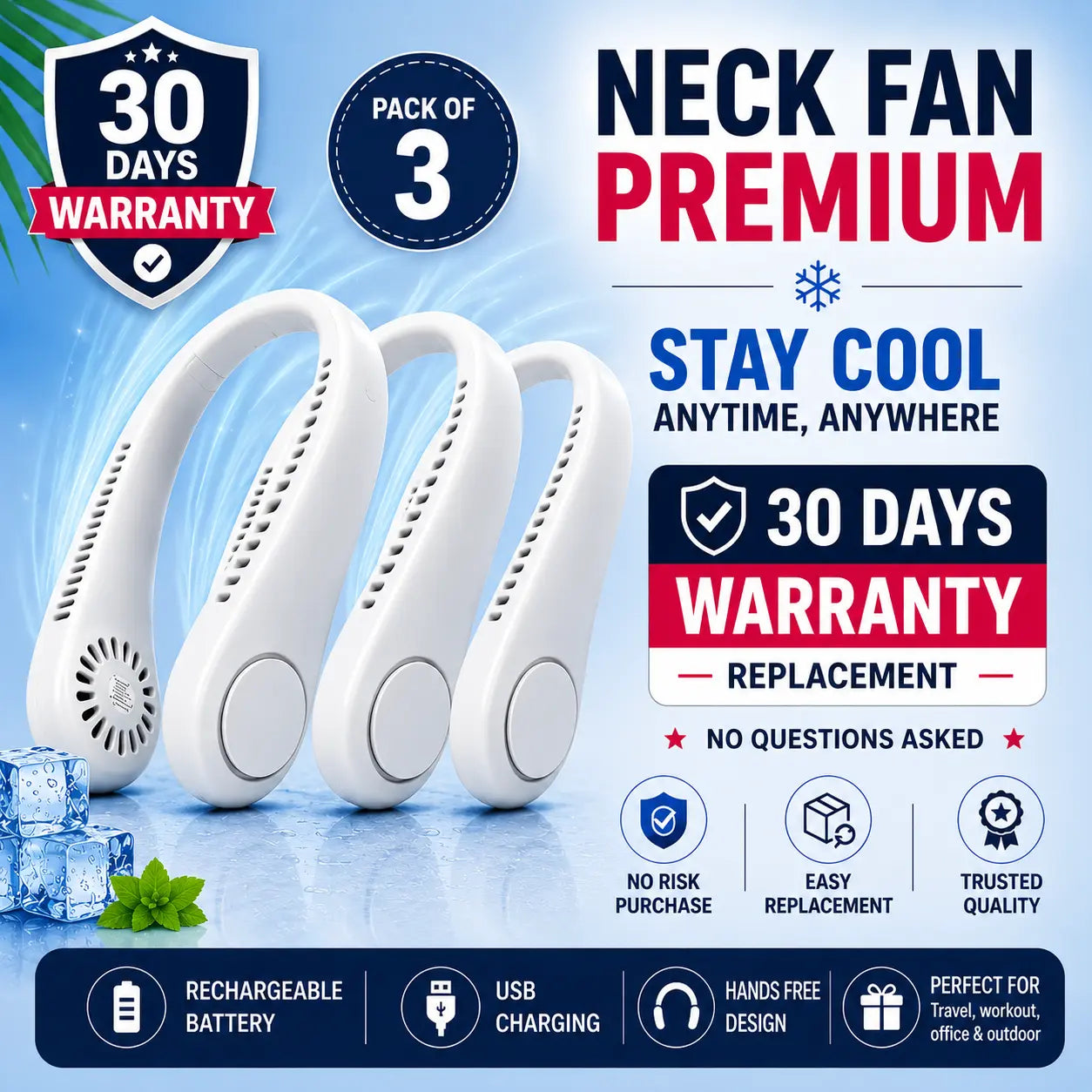 Three neck fans with promotional text about warranty, packaging, and features on a blue background.