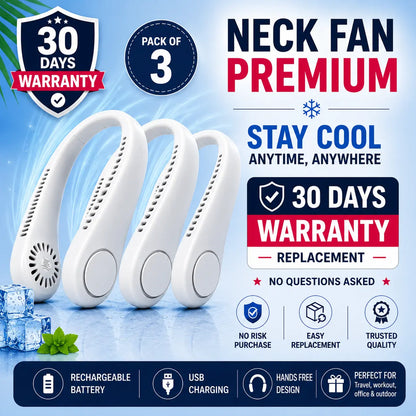 Three neck fans with promotional text about warranty, packaging, and features on a blue background.