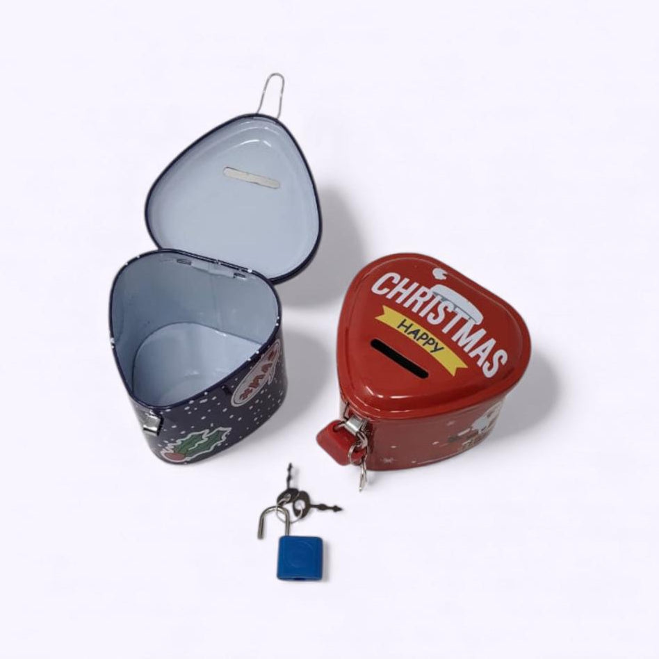 Two small metal containers, one open and the other closed with a 'Happy Christmas' label, on a white background.