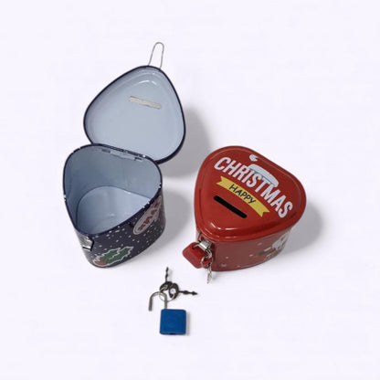 Two small metal containers, one open and the other closed with a 'Happy Christmas' label, on a white background.