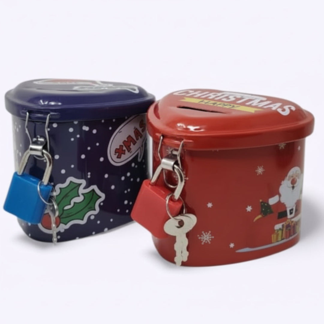 Two Christmas-themed piggy banks, one red with Santa Claus design and the other blue with holly design, on a white background.