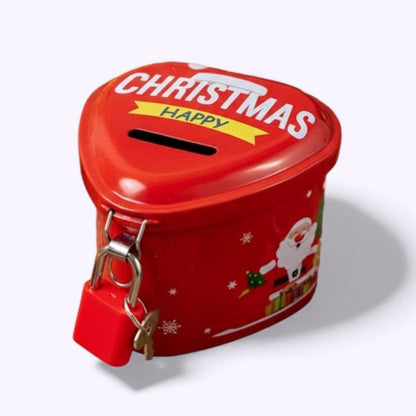 Red Christmas-themed money box with Santa Claus design on a white background