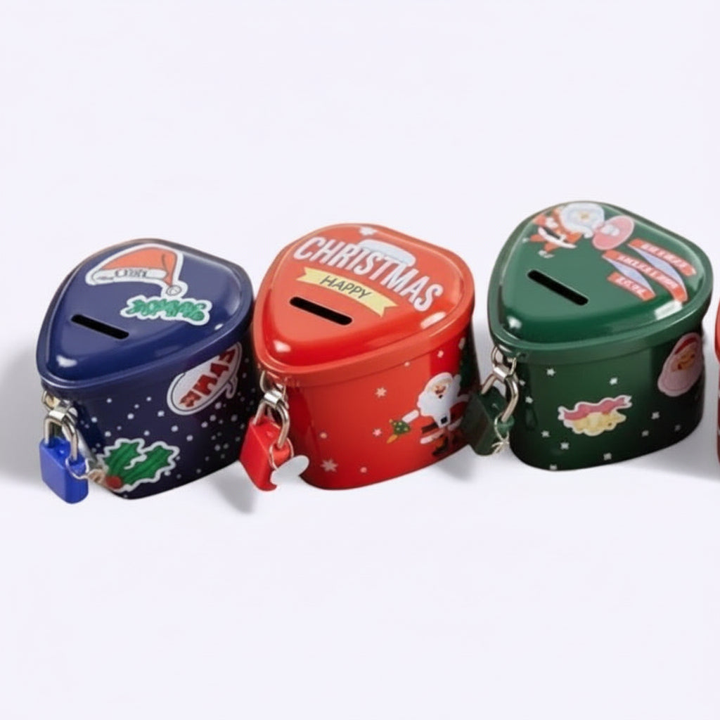 Four colorful Christmas-themed piggy banks on a white background