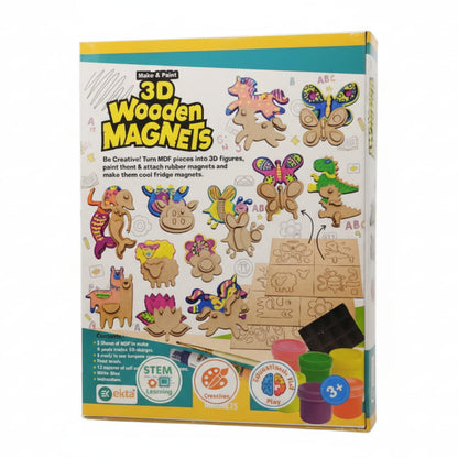 Box of 3D Wooden Magnets with various animal and abstract designs on a white background