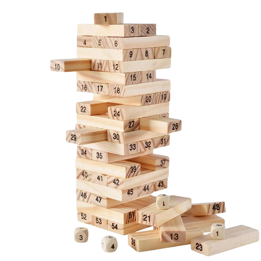 Wooden Tumbling Tower – 54 Numbered Blocks with Dice | Educational Puzzle & Fun Board Game